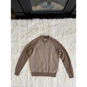 Austin Reed London Mens V Neck Sweater Brown Striped Merino‎ Wool Knit